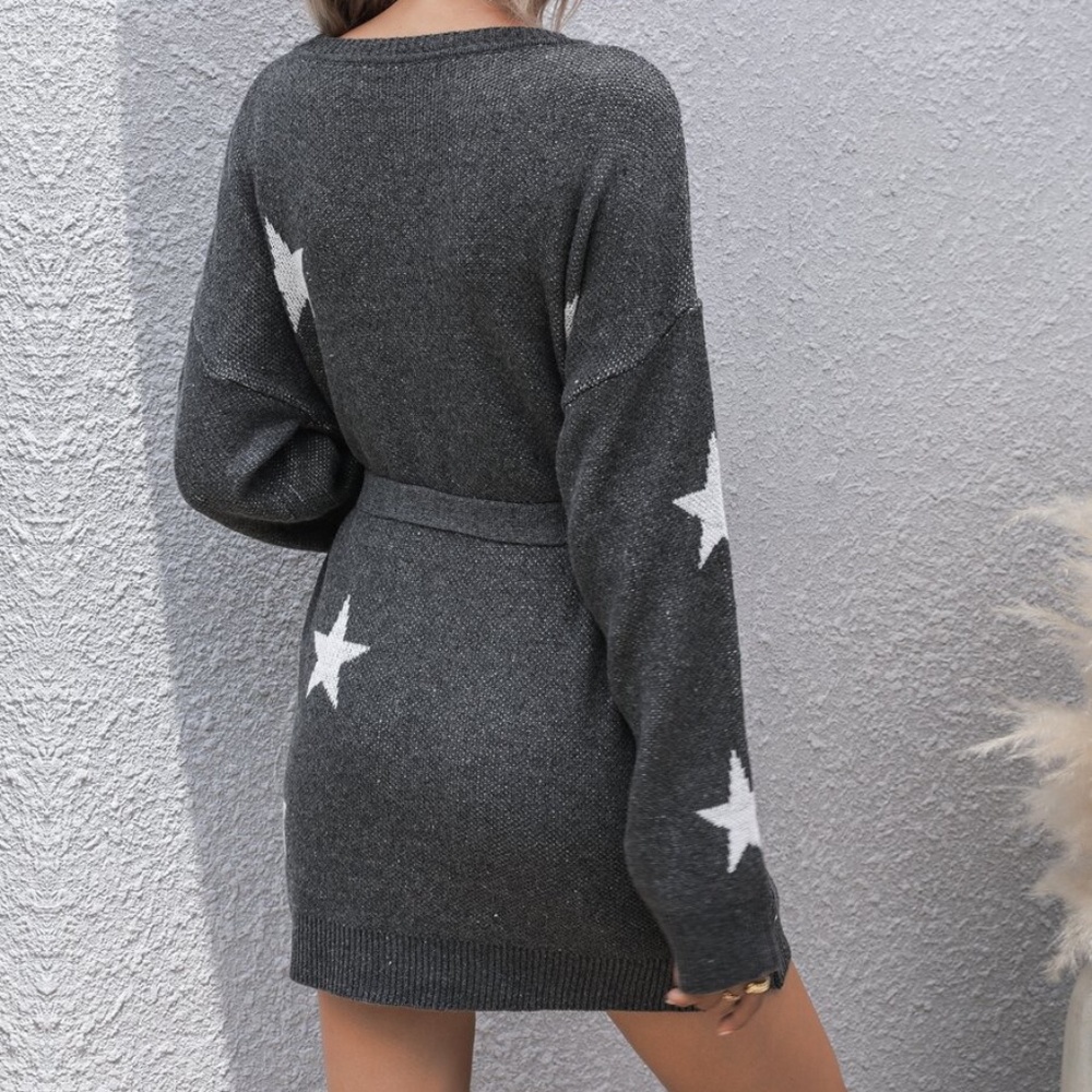 charcoal star print belted sweater dress fall - Picture 4 of 5